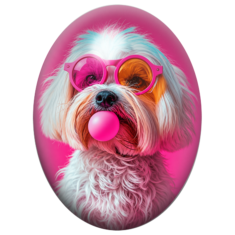 Cabochon en Verre Illustré Petit Chien aux Lunettes Roses et Chewing-Gum 13x18, 18x25 ou 30x40mm