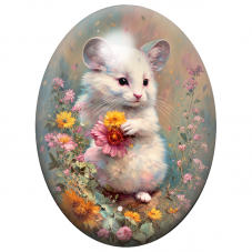 Cabochon en Verre Illustré Souris Blanche au Bouquet de Fleurs 13x18, 18x25 ou 30x40mm pour la Création de Bijoux Fantaisie - DI