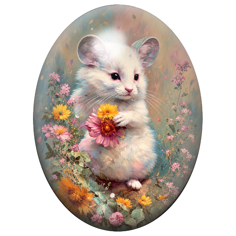 Cabochon en Verre Illustré Souris Blanche au Bouquet de Fleurs 13x18, 18x25 ou 30x40mm