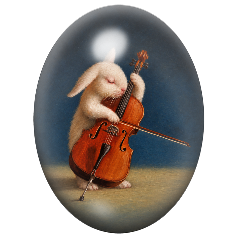 Cabochon en Verre Illustré Lapin Violoncelliste sur Fond Bleu 13x18, 18x25 ou 30x40mm