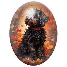 Cabochon en Verre Illustré Chien Noir Bouclé dans la Forêt d’Automne 13x18, 18x25 ou 30x40mm pour la Création de Bijoux Fantaisi