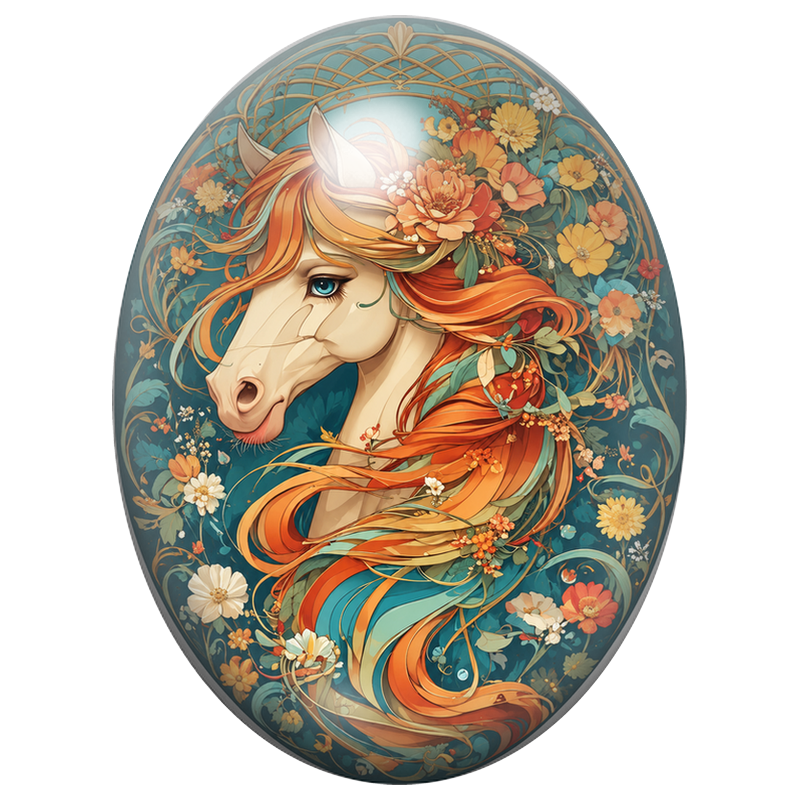 Cabochon en Verre Illustré Cheval à la Crinière Fleurie Orange 13x18, 18x25 ou 30x40mm