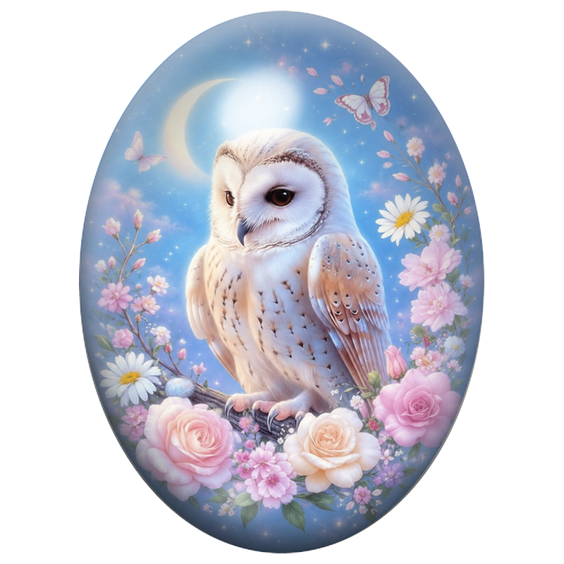 Cabochon en Verre Illustré Chouette Effraie sous la Lune et les Roses 13x18, 18x25 ou 30x40mm