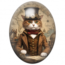 Cabochon en Verre Illustré Chat Explorateur Steampunk 13x18, 18x25 ou 30x40mm pour la Création de Bijoux Fantaisie - DIY