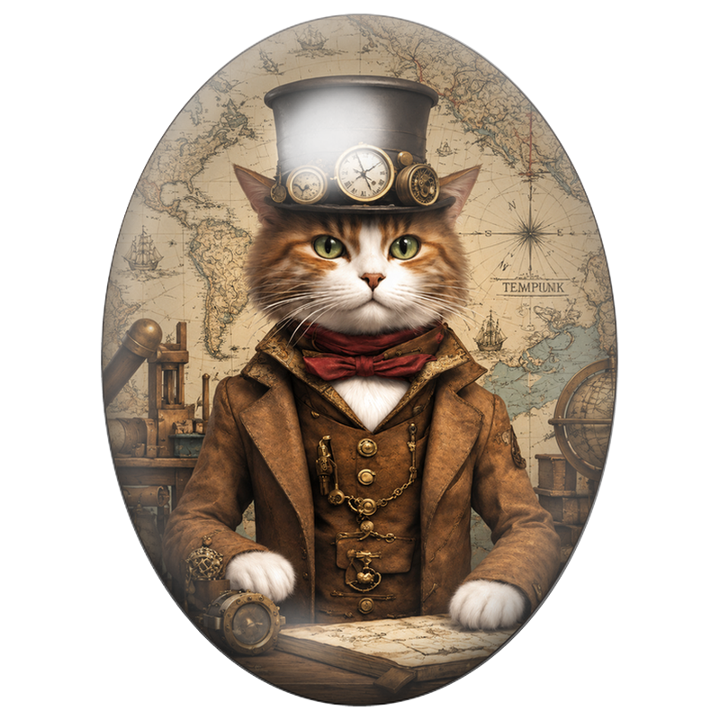 Cabochon en Verre Illustré Chat Explorateur Steampunk 13x18, 18x25 ou 30x40mm