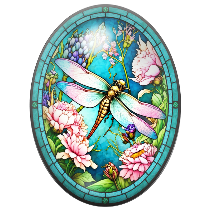 Cabochon en Verre Illustré Libellule Vitrail aux Pivoines Roses 13x18, 18x25 ou 30x40mm