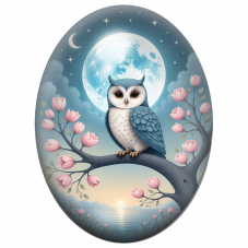 Cabochon en Verre Illustré Chouette Bleue sous la Lune et les Magnolias 13x18, 18x25 ou 30x40mm pour la Création de Bijoux Fanta