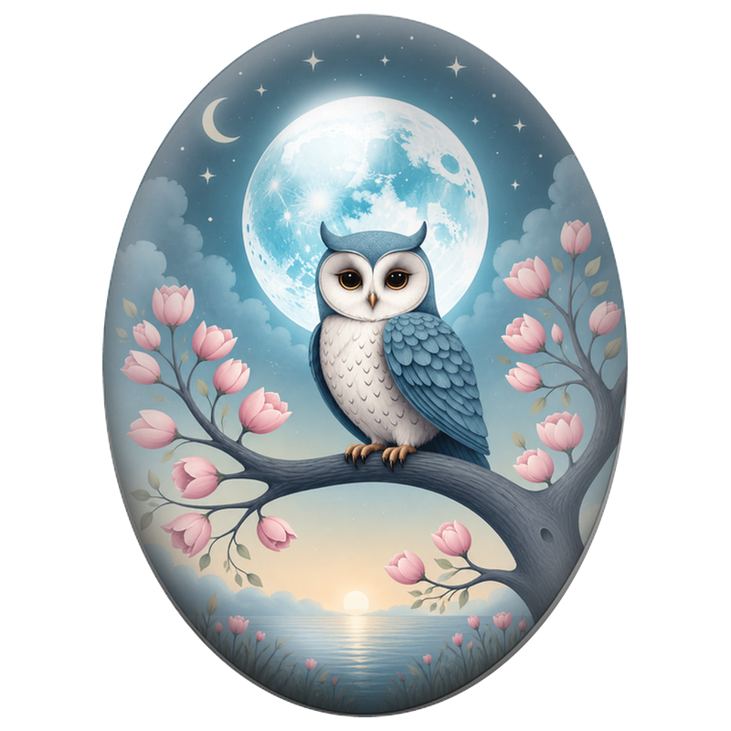 Cabochon en Verre Illustré Chouette Bleue sous la Lune et les Magnolias 13x18, 18x25 ou 30x40mm