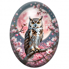 Cabochon en Verre Illustré Hibou sous la Lune Rose et les Fleurs de Cerisier 13x18, 18x25 ou 30x40mm pour la Création de Bijoux 
