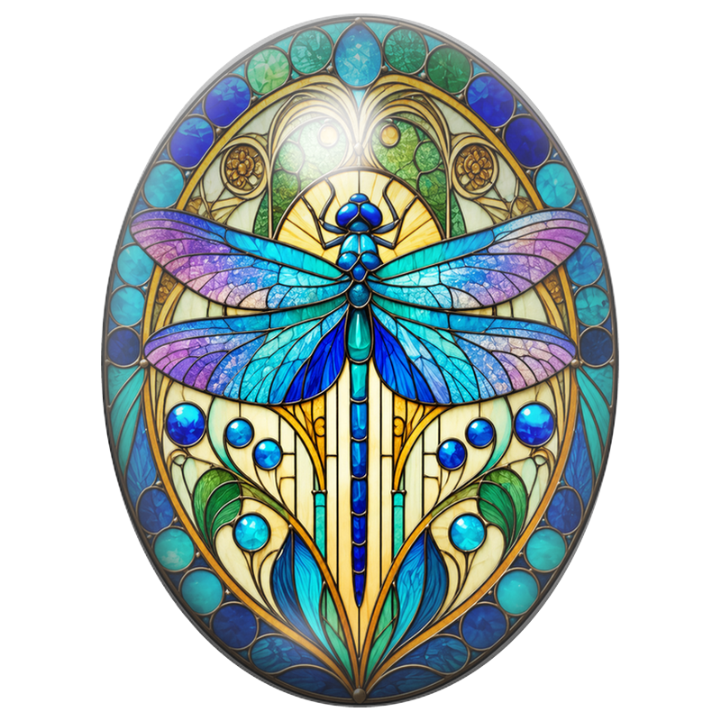Cabochon en Verre Illustré Libellule Joyau en Vitrail Bleu 13x18, 18x25 ou 30x40mm