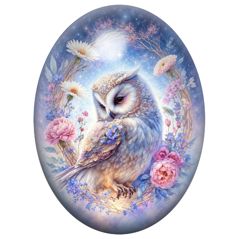 Cabochon en Verre Illustré Chouette Céleste dans une Couronne de Fleurs 13x18, 18x25 ou 30x40mm