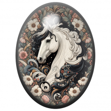 Cabochon en Verre Illustré Cheval Noir et Blanc aux Fleurs Anciennes 13x18, 18x25 ou 30x40mm pour la Création de Bijoux Fantaisi