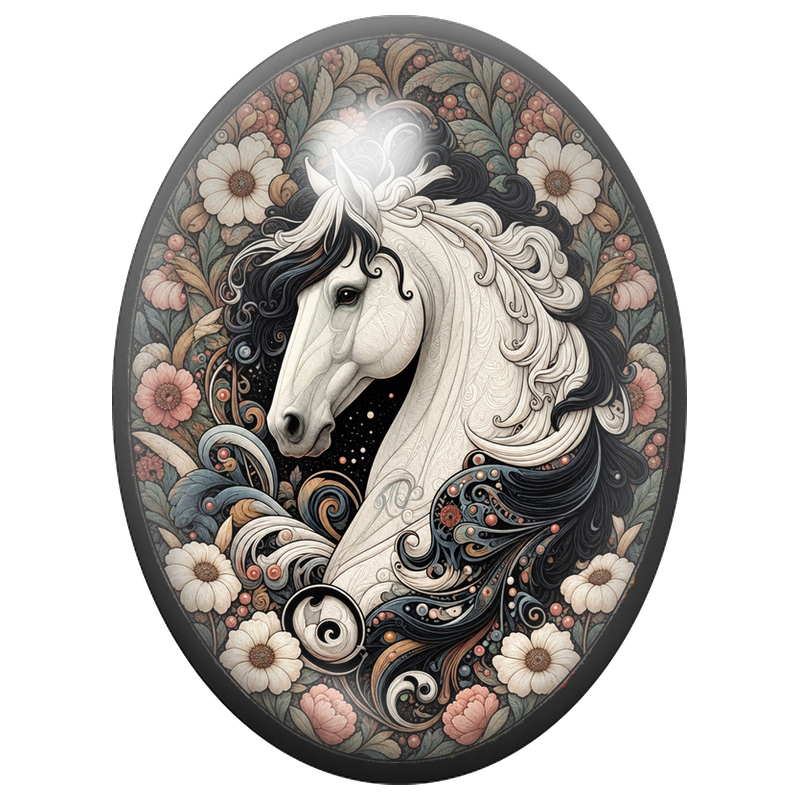 Cabochon en Verre Illustré Cheval Noir et Blanc aux Fleurs Anciennes 13x18, 18x25 ou 30x40mm