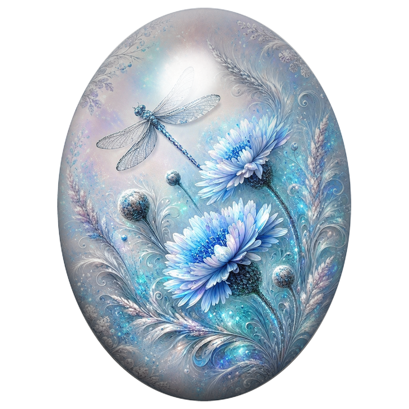 Cabochon en Verre Illustré Libellule Bleue dans un Jardin Givré 13x18, 18x25 ou 30x40mm