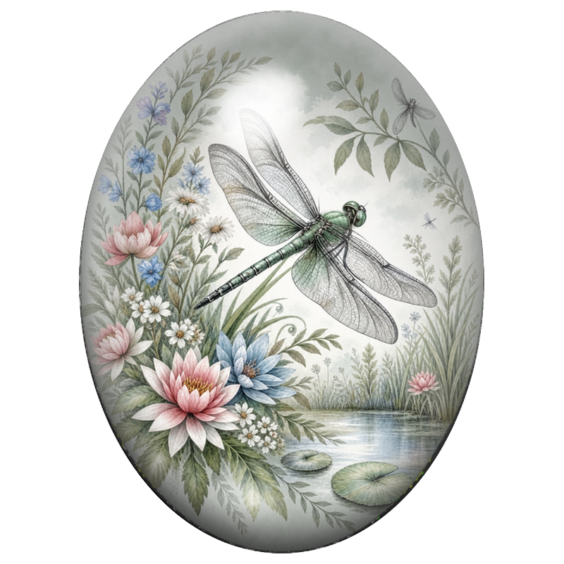 Cabochon en Verre Illustré Libellule au Jardin d’Eau Pastel 13x18, 18x25 ou 30x40mm