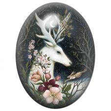 Cabochon en Verre Illustré Cerf Blanc sous le Croissant de Lune 13x18, 18x25 ou 30x40mm pour la Création de Bijoux Fantaisie - D