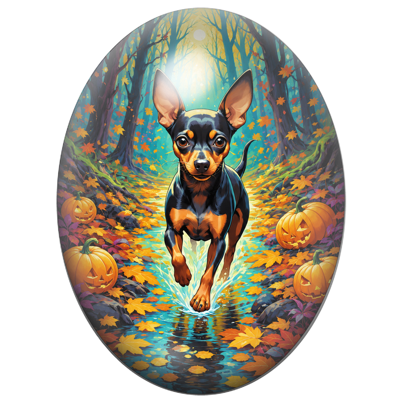 Cabochon en Verre Illustré Pinscher Nain dans la Forêt d’Halloween 13x18, 18x25 ou 30x40mm