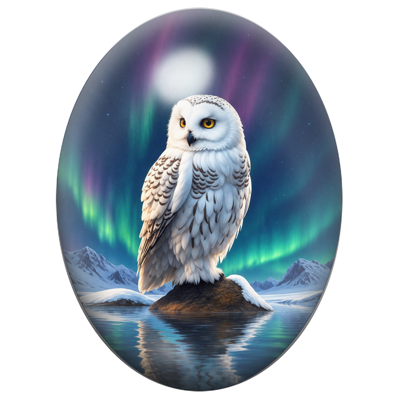 Cabochon en Verre Illustré Harfang des Neiges sous l’Aurore Polaire 13x18, 18x25 ou 30x40mm