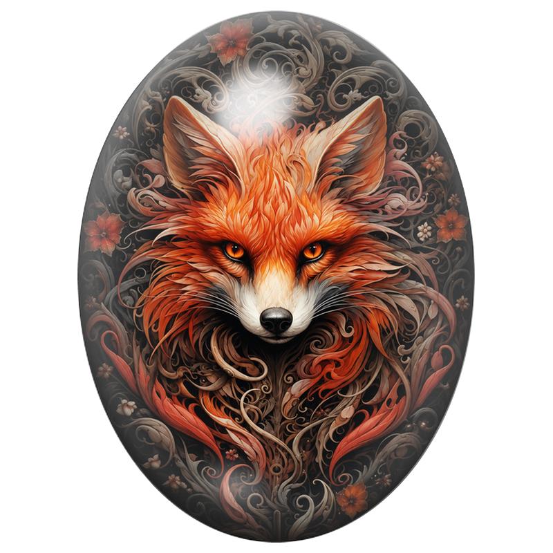 Cabochon en Verre Illustré Renard Flamboyant aux Arabesques Sombres 13x18, 18x25 ou 30x40mm