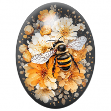 Cabochon en Verre Illustré Abeille parmi les Fleurs Orange et Ivoire 13x18, 18x25 ou 30x40mm pour la Création de Bijoux Fantaisi