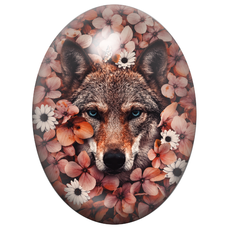 Cabochon en Verre Illustré Loup aux Fleurs Rouille et Blanches 13x18, 18x25 ou 30x40mm