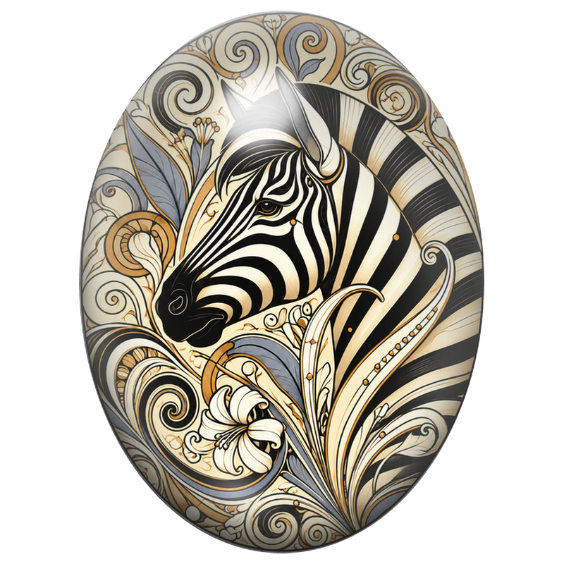 Cabochon en Verre Illustré Zèbre aux Arabesques Dorées et Grises 13x18, 18x25 ou 30x40mm
