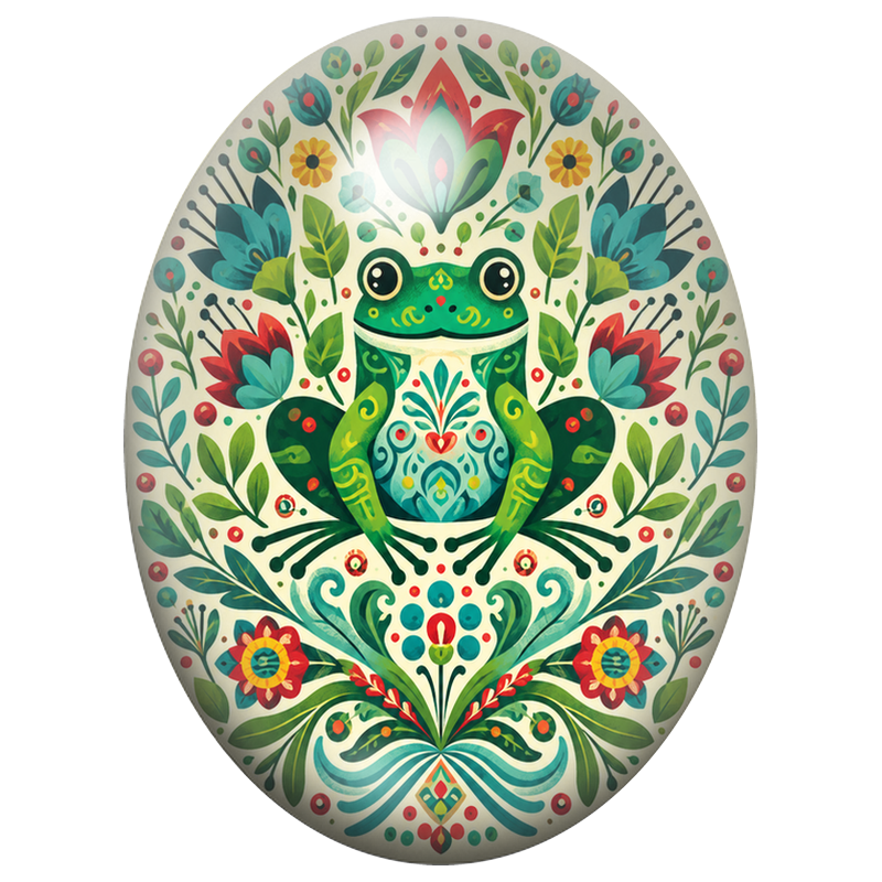 Cabochon en Verre Illustré Grenouille Folk dans un Jardin Coloré 13x18, 18x25 ou 30x40mm