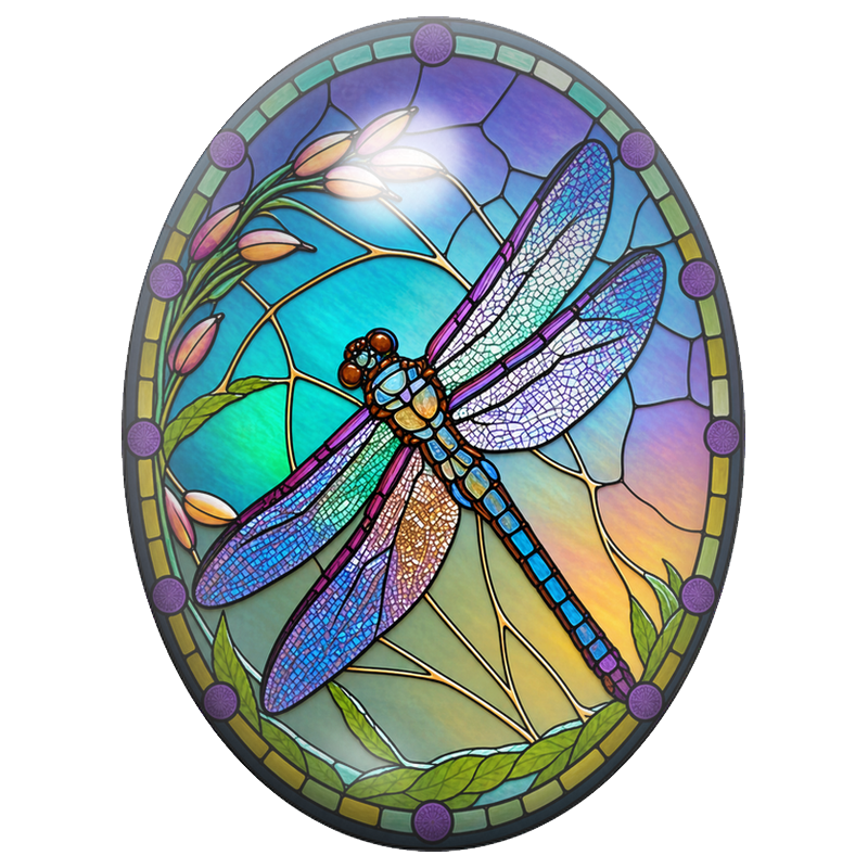 Cabochon en Verre Illustré Libellule Vitrail sur Fond Turquoise 13x18, 18x25 ou 30x40mm