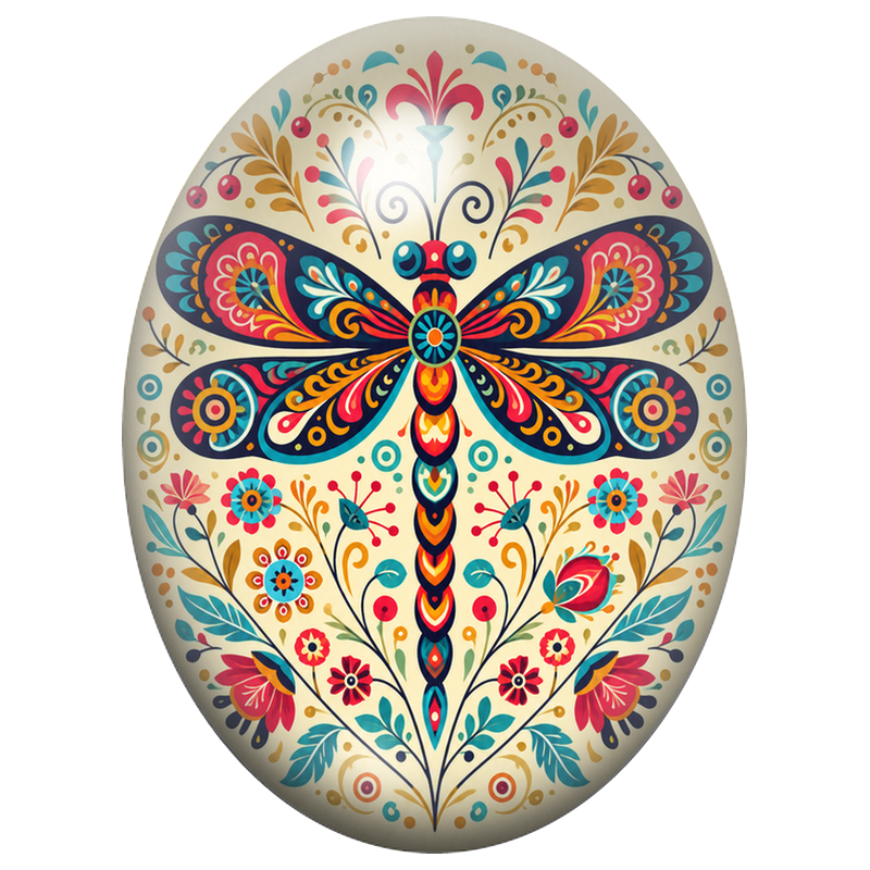 Cabochon en Verre Illustré Libellule Folk aux Fleurs Multicolores 13x18, 18x25 ou 30x40mm
