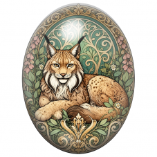 Cabochon en Verre Illustré Lynx aux Ornements Végétaux 13x18, 18x25 ou 30x40mm pour la Création de Bijoux Fantaisie - DIY