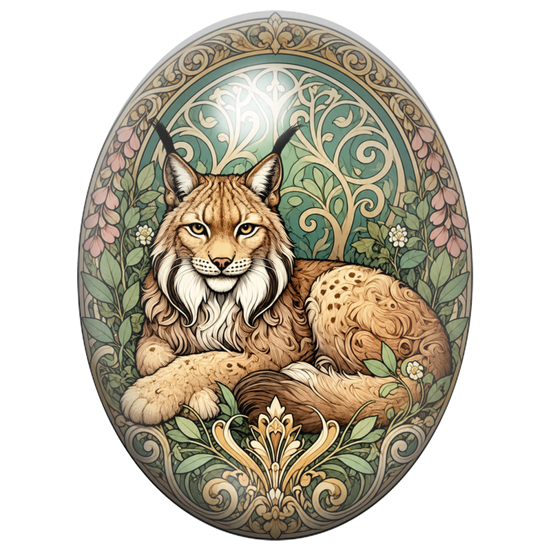 Cabochon en Verre Illustré Lynx aux Ornements Végétaux 13x18, 18x25 ou 30x40mm