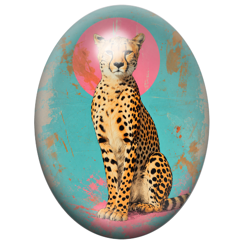 Cabochon en Verre Illustré Guépard Pop Art sur Fond Turquoise et Rose 13x18, 18x25 ou 30x40mm