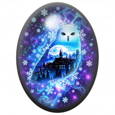 Cabochon en Verre Illustré Chouette Cosmique au Château Enneigé 13x18, 18x25 ou 30x40mm pour la Création de Bijoux Fantaisie - D