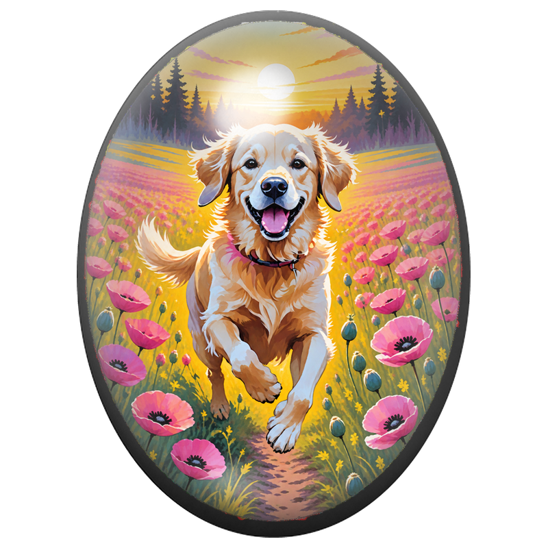 Cabochon en Verre Illustré Golden Retriever Courant dans les Coquelicots Roses 13x18, 18x25 ou 30x40mm