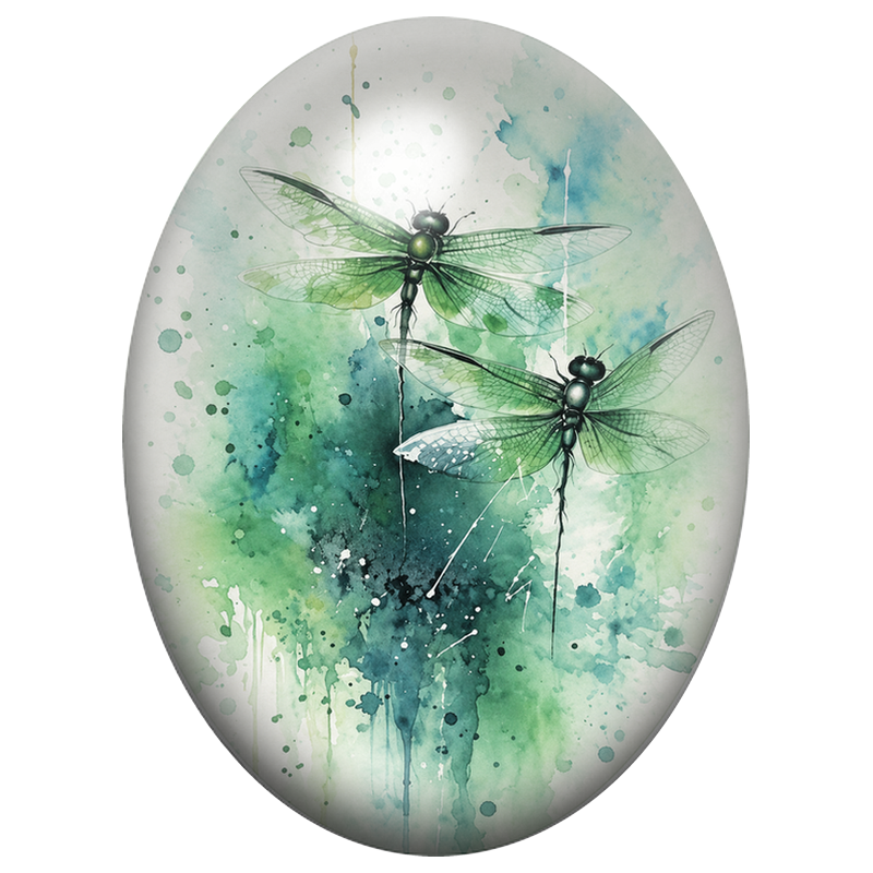 Cabochon en Verre Illustré Deux Libellules Vertes à l’Aquarelle 13x18, 18x25 ou 30x40mm
