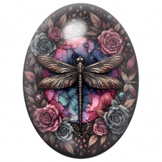 Cabochon en Verre Illustré Libellule Gothique aux Roses Sombres 13x18, 18x25 ou 30x40mm pour la Création de Bijoux Fantaisie - D