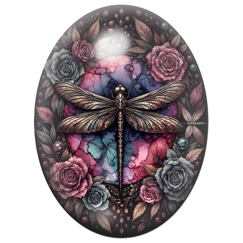 Cabochon en Verre Illustré Libellule Gothique aux Roses Sombres 13x18, 18x25 ou 30x40mm