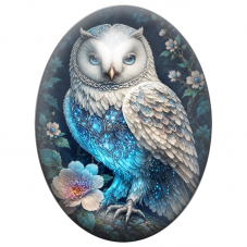 Cabochon en Verre Illustré Chouette Blanche aux Joyaux Bleus 13x18, 18x25 ou 30x40mm pour la Création de Bijoux Fantaisie - DIY