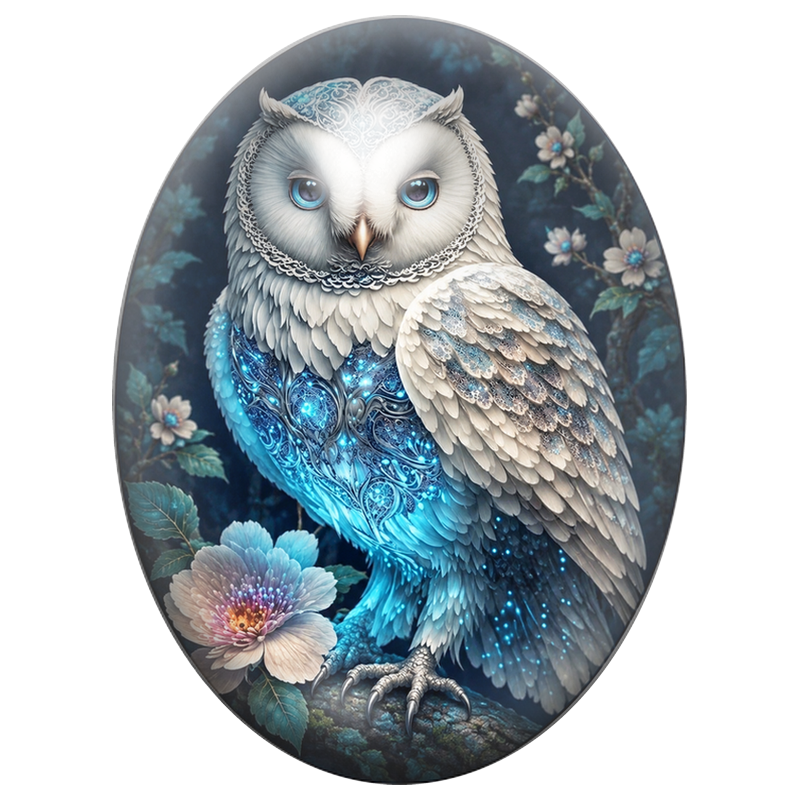 Cabochon en Verre Illustré Chouette Blanche aux Joyaux Bleus 13x18, 18x25 ou 30x40mm