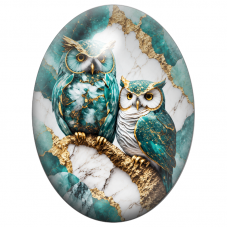 Cabochon en Verre Illustré Deux Hiboux en Marbre Turquoise et Or 13x18, 18x25 ou 30x40mm pour la Création de Bijoux Fantaisie - 