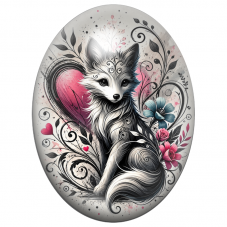 Cabochon en Verre Illustré Renard Noir et Blanc devant un Cœur Rose 13x18, 18x25 ou 30x40mm pour la Création de Bijoux Fantaisie