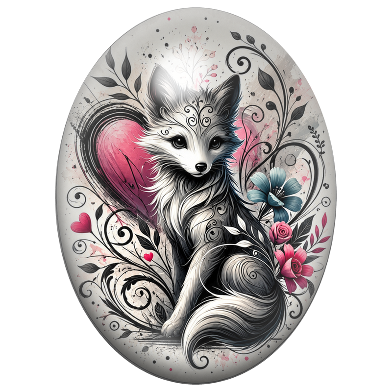 Cabochon en Verre Illustré Renard Noir et Blanc devant un Cœur Rose 13x18, 18x25 ou 30x40mm