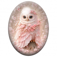 Cabochon en Verre Illustré Chouette Rose sous les Fleurs de Cerisier 13x18, 18x25 ou 30x40mm pour la Création de Bijoux Fantaisi