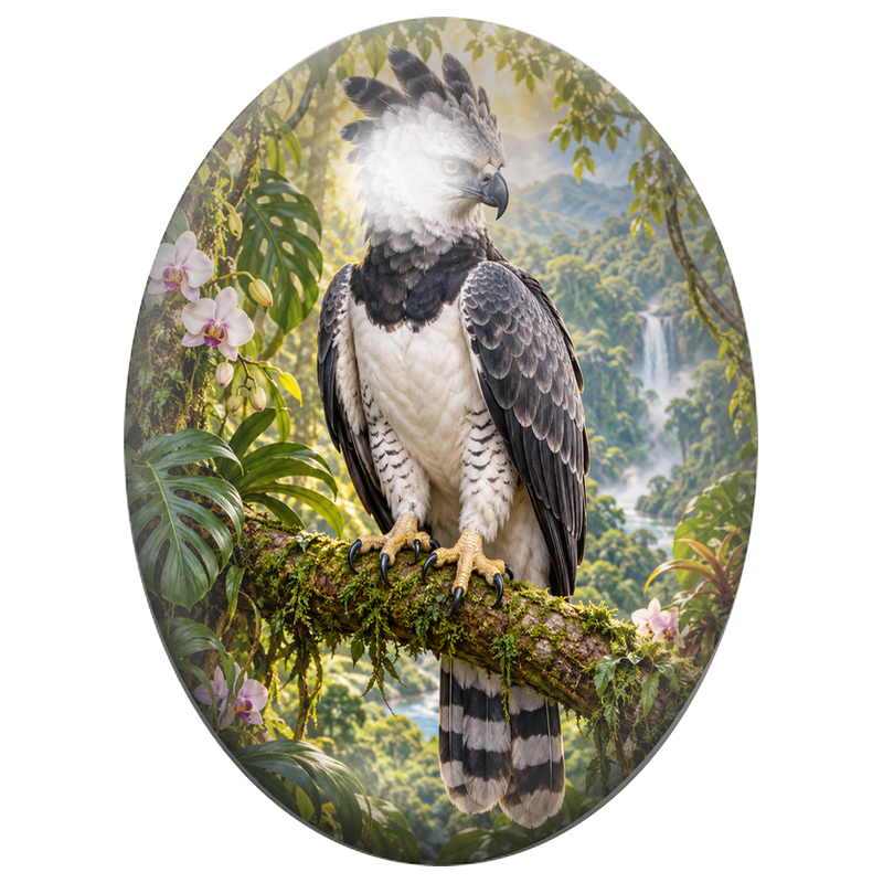 Cabochon en Verre Illustré Aigle Harpie dans la Forêt Tropicale 13x18, 18x25 ou 30x40mm