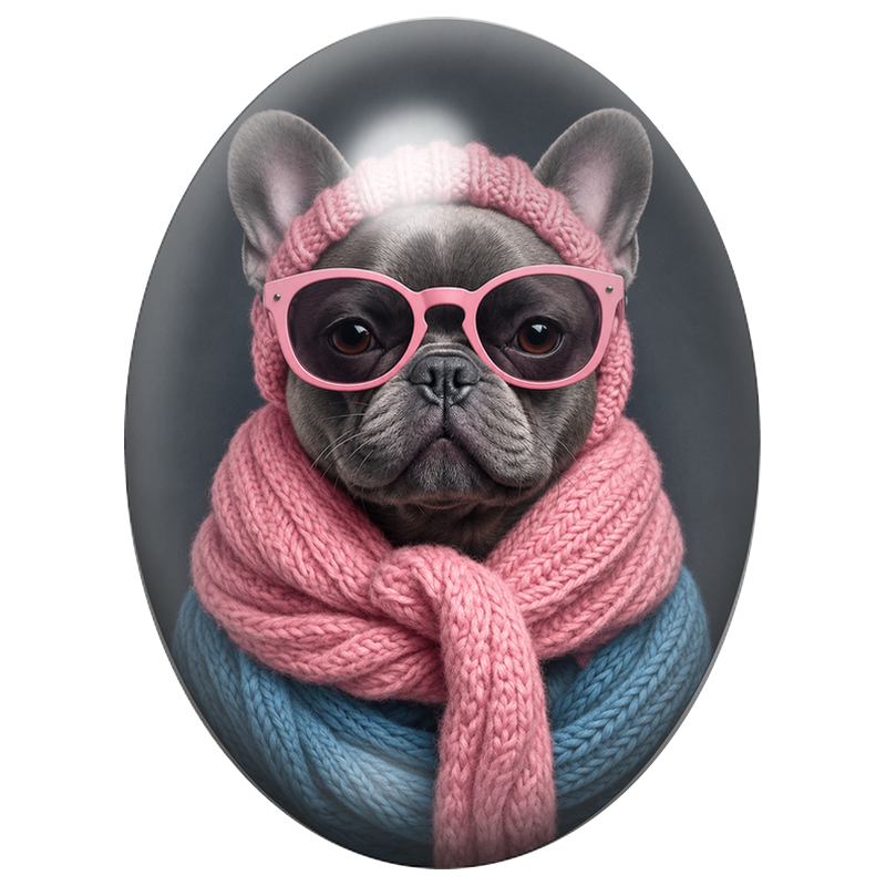 Cabochon en Verre Illustré Bouledogue Français aux Lunettes Roses 13x18, 18x25 ou 30x40mm