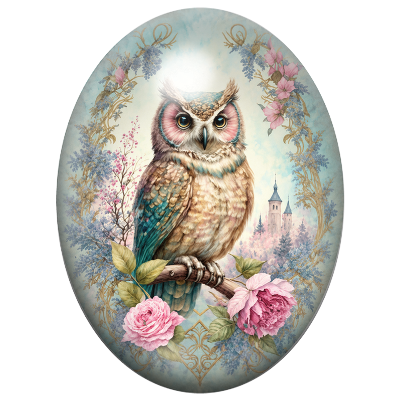 Cabochon en Verre Illustré Hibou aux Roses dans un Jardin Romantique 13x18, 18x25 ou 30x40mm
