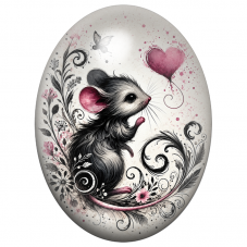 Cabochon en Verre Illustré Souris au Ballon Cœur Rose 13x18, 18x25 ou 30x40mm pour la Création de Bijoux Fantaisie - DIY