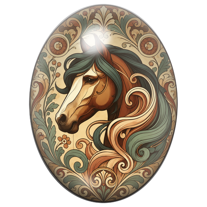 Cabochon en Verre Illustré Cheval Art Nouveau aux Arabesques 13x18, 18x25 ou 30x40mm