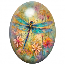 Cabochon en Verre Illustré Libellule Multicolore dans les Fleurs 13x18, 18x25 ou 30x40mm pour la Création de Bijoux Fantaisie - 