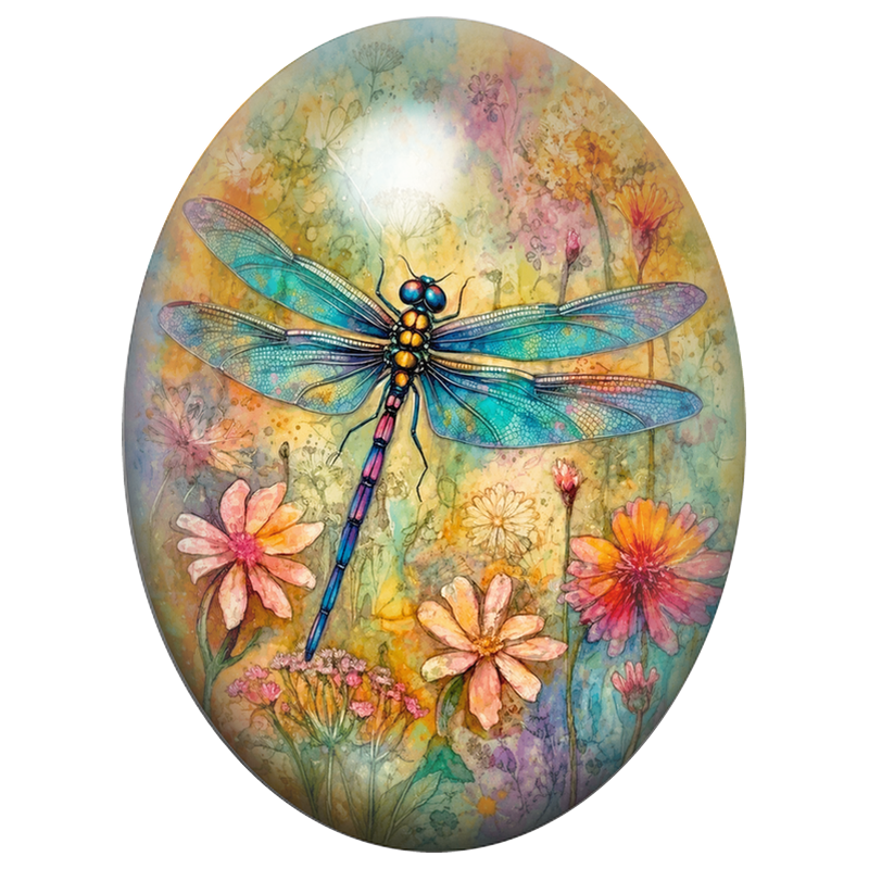 Cabochon en Verre Illustré Libellule Multicolore dans les Fleurs 13x18, 18x25 ou 30x40mm